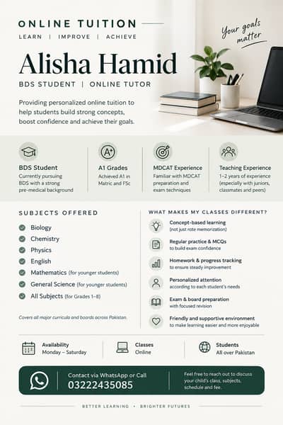 Online Tuition | Classes 1–10 & FSc | Experienced Online Tutor