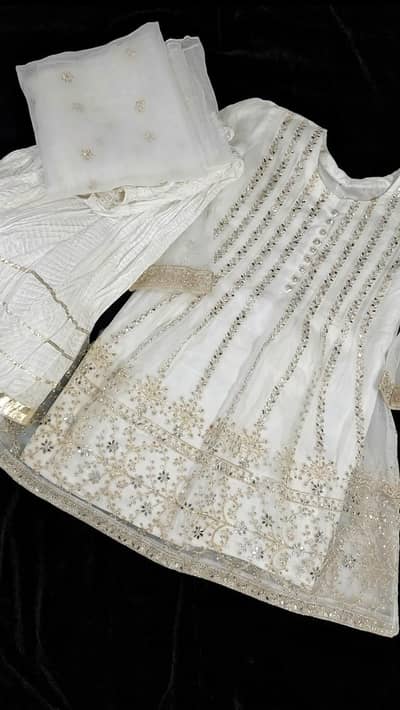 White Embroidered Gharara Suit 3 Piece - Medium Size