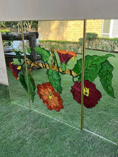 Set of 3 Floral Glass Paintings on Mirror
