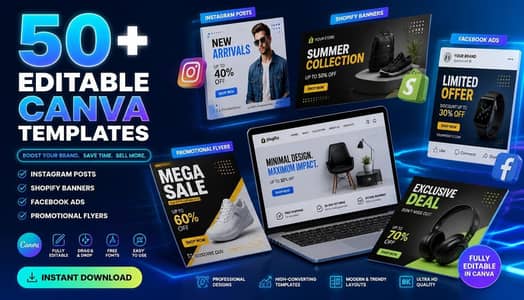50+ Editable Canva Digital Templates Bundle Social Media & E-commerce