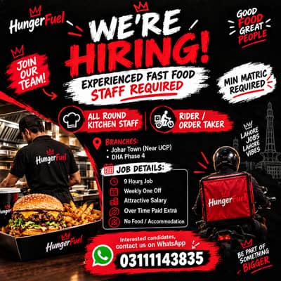 Experienced FastFood Kitchen Staff & Rider / Order Taker Required