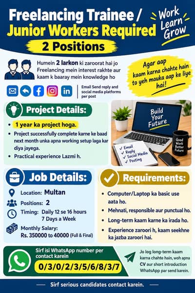 Freelancing Trainee / Junior Workers Required – 2 Positions