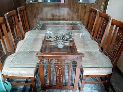 Premium 6-Seater Wooden Dining Table Set with Glass Top – Lahore
