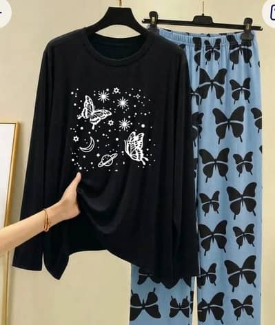 ​Black Butterfly Print Night Suit for Women - Brand New