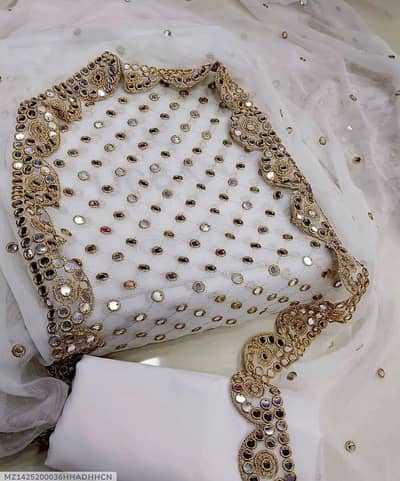 3 PCS Crinkle Shiffon Suits with Mirror Work
