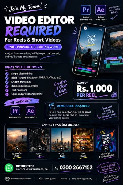 Video Editor Required for Reels & Short Videos – Rs. 1,000/Reel