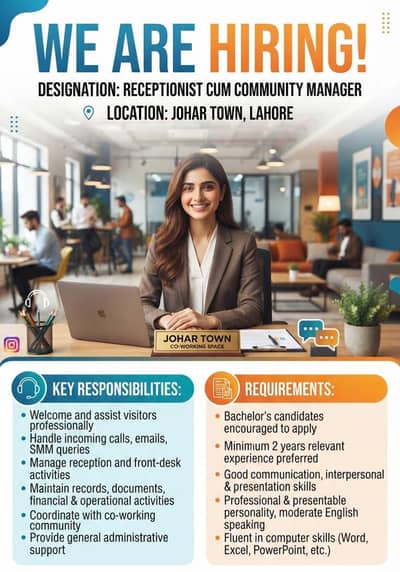 Confident Female Receptionist required for a co working space.