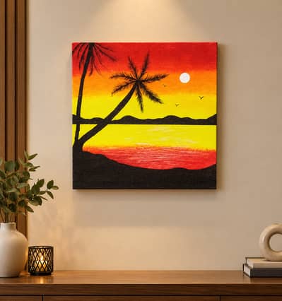 Handmade Acrylic Sunset Beach Canvas Painting | Palm Tree Wall Art
