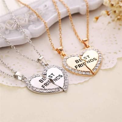 Best friends heart necklaces Gold silver crystal edged