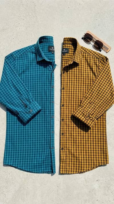 Men's casual check cotton shirts - Blue and Mustard