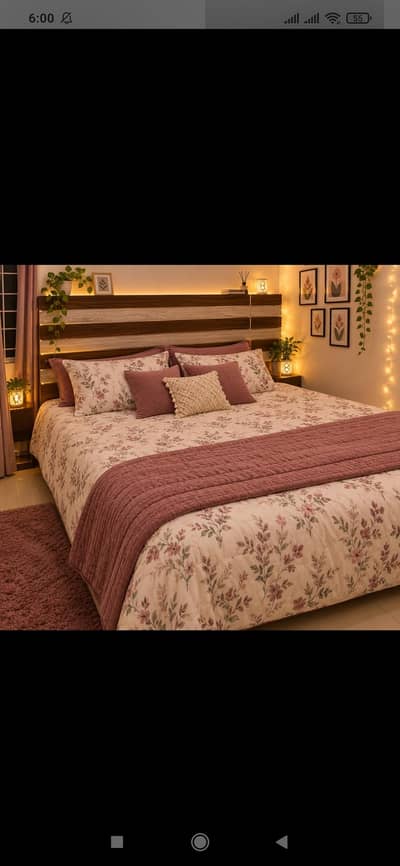 king size bed with mattress and 3 door almari