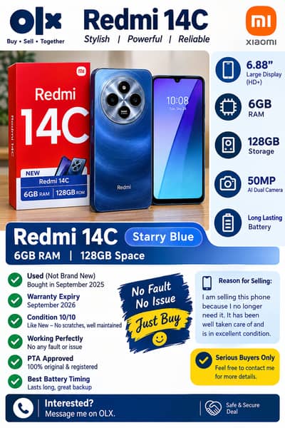 Redmi 14C, 6/128 10/10 PTA aproved Box and other accesories available,