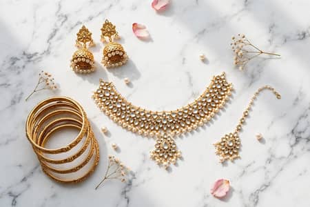 Bridal Kundan Choker Set with Jhumki + Teeka + Bangles - Golden