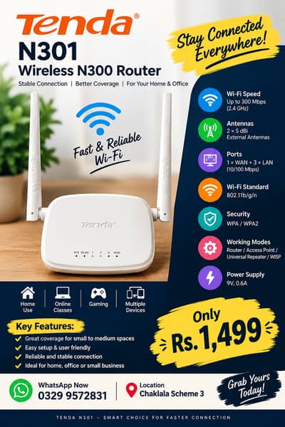 Tenda N301 Wireless N300 WiFi Router – 300 Mbps