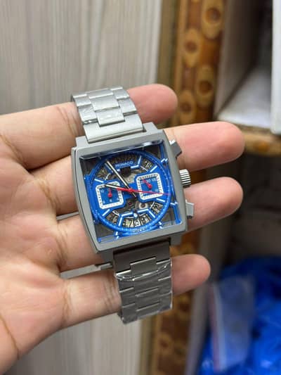 Tag Heuer Monaco style Men's Luxury watch_Blue Skeleton dial