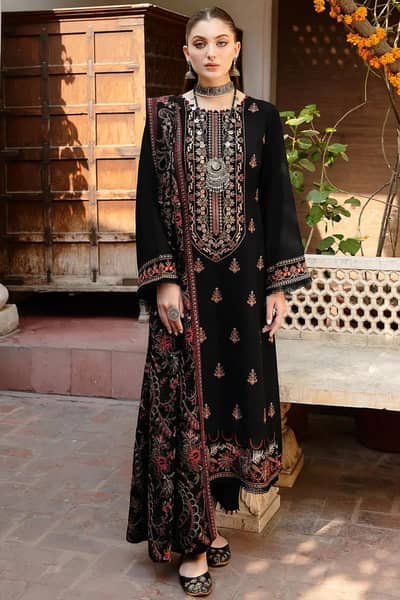 ​3 Piece Bareez'e Unstitched Embroidered Black Suit