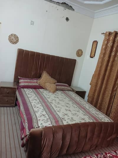King Size Wooden headboard with 2 cushioned side tables.