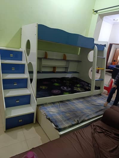 kids triple bunk bed with storage stairs,7 drawers and  metress set