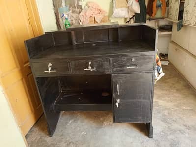 Cash Counter Table – 3 Drawers + Lock & Large Cabinet