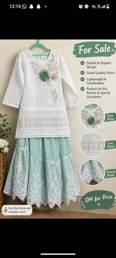 Mint Green & White Embroidered Girls Dress | 10–11 Years