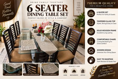 6 Seater Dining Table Set | Glass Top Dining Table | Wooden Dining /