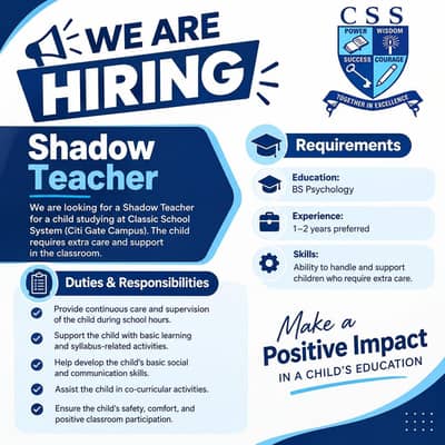 Shadow Teacher Required | Child Support | Teacher Jobs