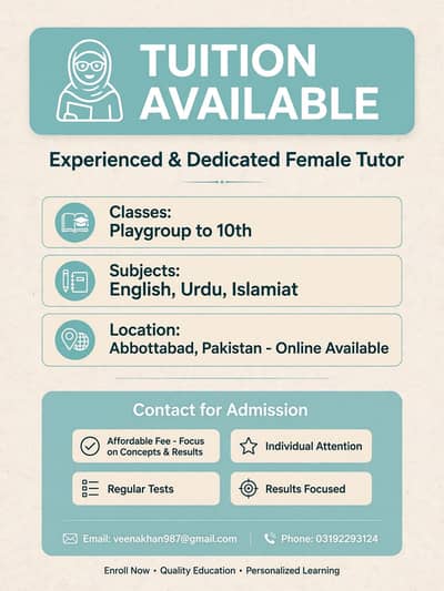 female tutor for Urdu, islamiat-class play playgroup to 10,Abbottabad