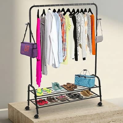 Black Iron Wardrobe Organizer with Wheels & Shoe Rack