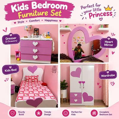 Kids Bedroom Furniture Set | Kids Bed,Wardrobe, Dresser & Herat Mirror