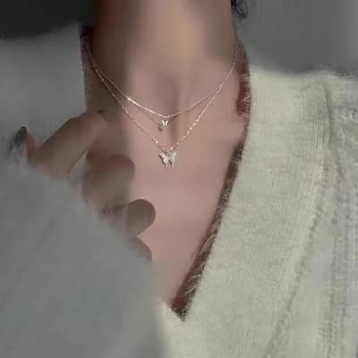 Silver butterfly double layer necklace