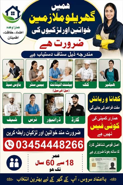 گھریلو ملازمین خواتین اور لڑکیوں کی ضرورت ہے