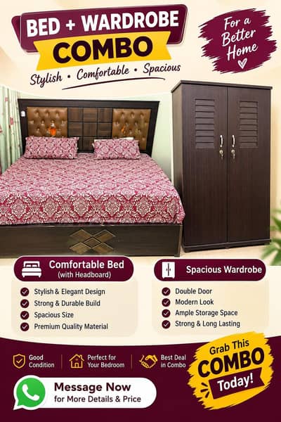 Solid Wooden King Size Bed Set with 2-Door Wardrobe