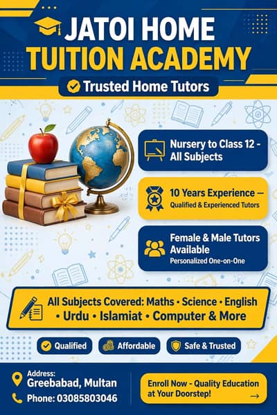 Ghareebabad Multan Home Tutor - Montessori to 12th - 03085803046