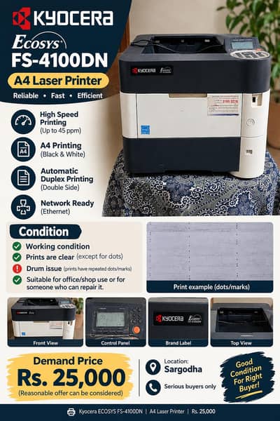 Kyocera ECOSYS FS-4100DN A4 Laser Printer – Rs 25,000