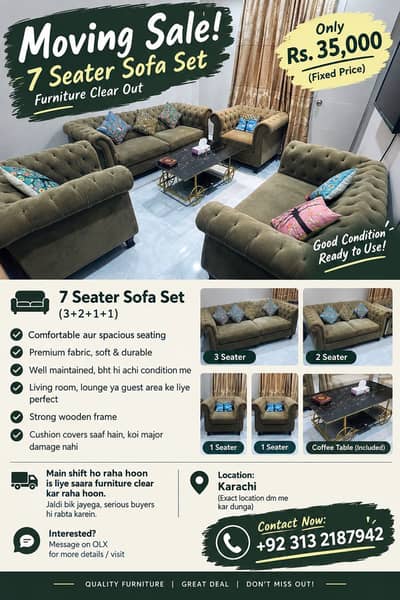 7 Seater Sofa Set – Moving Sale | Excellent Condition | Rs. 35,000