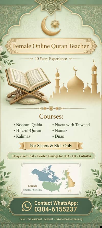 female quran teacher for sisters and kids 3 days free trial