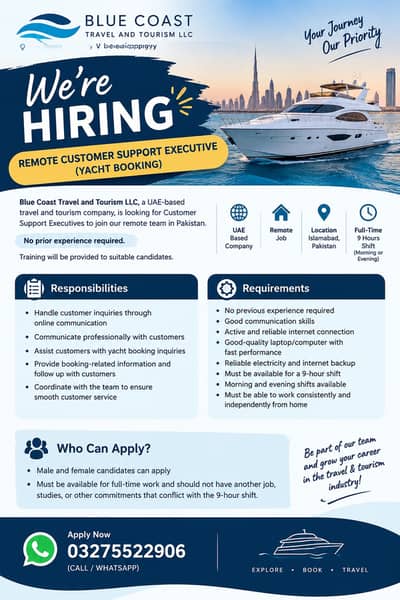 Remote Customer Support Executive – Yacht Booking