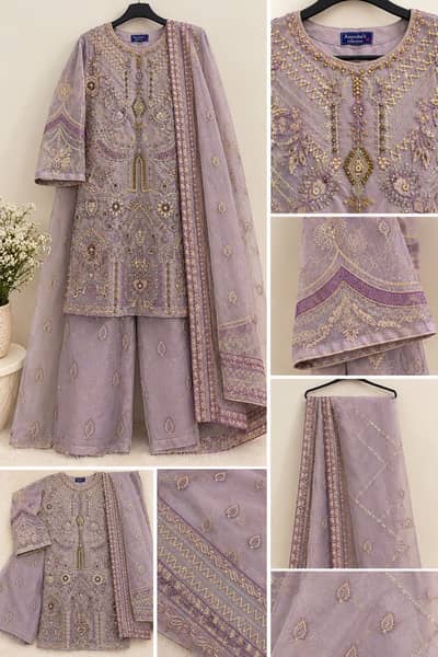 Elegant Lavender Embroidered 3-Piece Eastern Suit | Women’s Dress