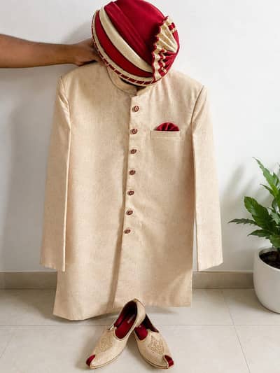 one time used sherwani with kulla and khussa best for bride