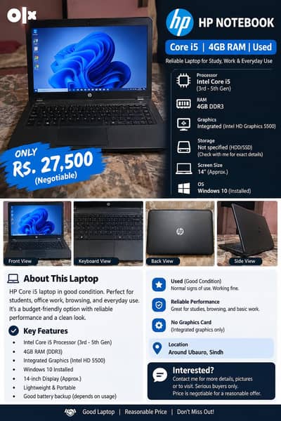 : HP Core i5 Laptop | 4GB RAM | Used | Rs. 27,500 Negotiable