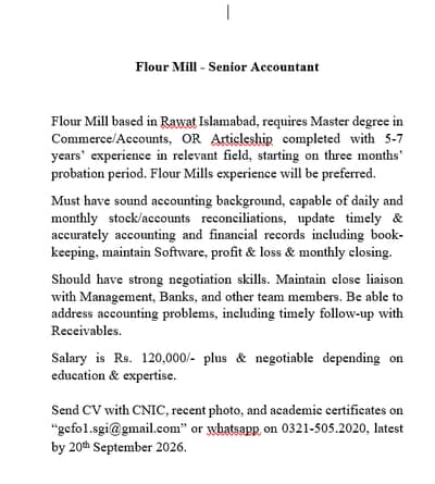 Required Senior Accountant for Flour Mill