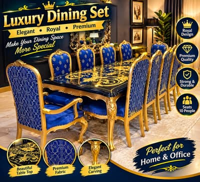 Royal Luxury Dining Table Set – Elegant Gold & Blue Design | Premium