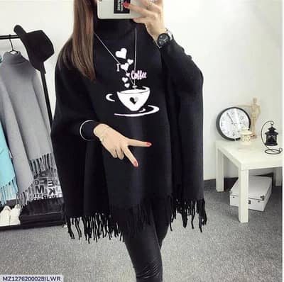 Womens Fleece Cup Printed Poncho - Black