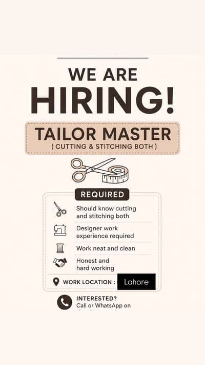 Ladies or gents karigar ki need h Tailor required 03303190169