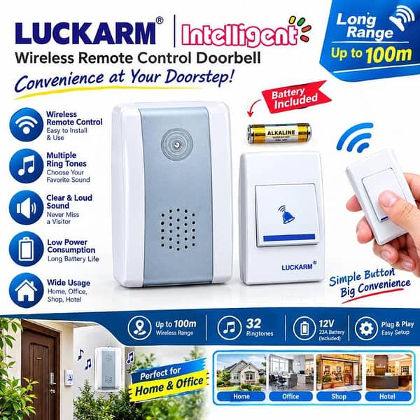 LUCKARM Wireless Doorbell Remote Control Door Bell 32 Ringtones 150M Range Waterproof Push Button for Home Office Shop
