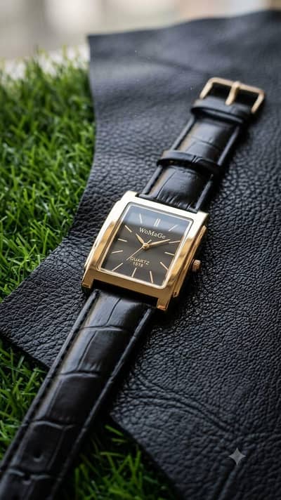 Luxury Black Leather Strap Men’s Watch – Gold Square Dial