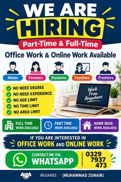 OFFICE WORK AND PART TIME WORK AVAILABLE FOR MALES AND FEMALS