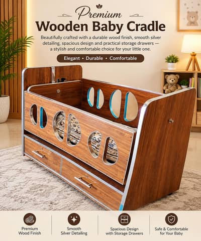 Wooden Baby Cradle with 2 drawars