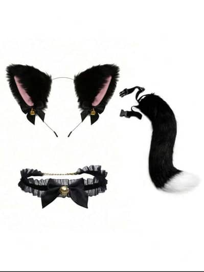 Original SHEIN 3pcs Cat Ear Headband & Fox Tail Cosplay Set