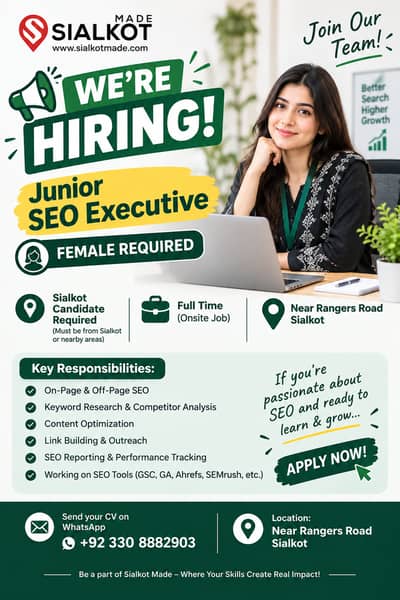 Female Junior SEO Executive Required – Sialkot | Full-Time Onsite